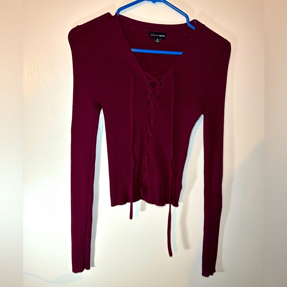 Ambiance Apparel Burgundy Long-sleeve Top W/Cris Cross Front Pattern Sz M
